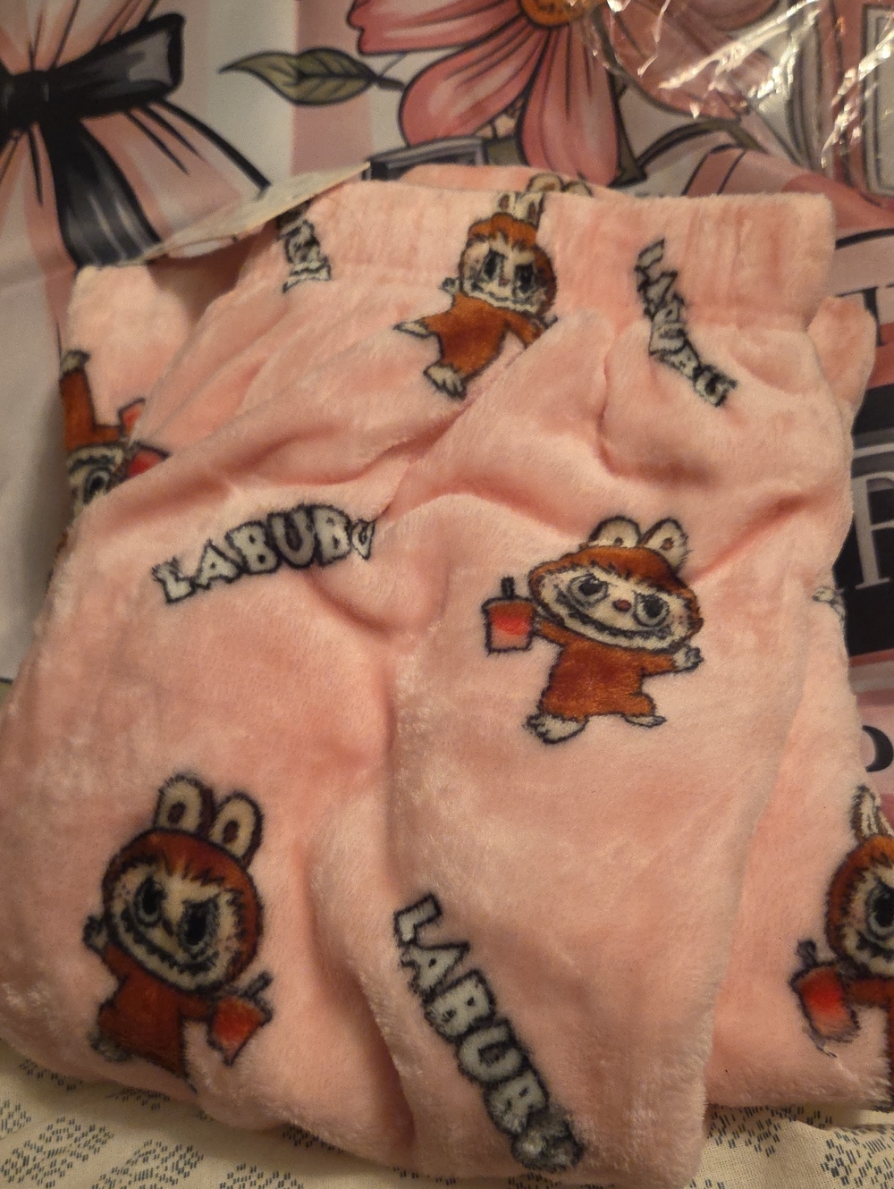 Ladies Plush Pink Character Pajama Pants with All-Over Cartoon Print
